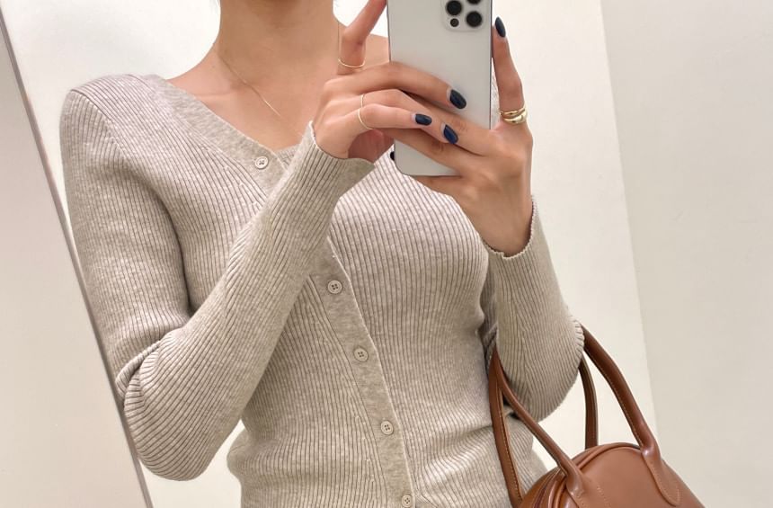 Long-Sleeve Asymmetrical Neckline Button-Up Knit Top