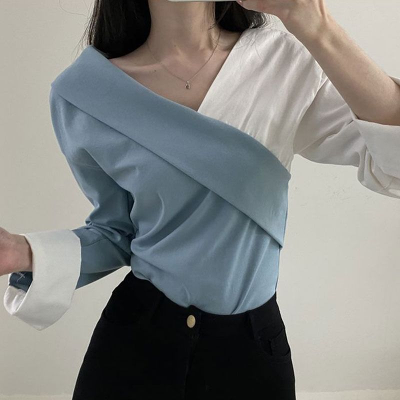 Long-Sleeve V-Neck Two Tone Blouse