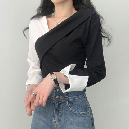 Long-Sleeve V-Neck Two Tone Blouse