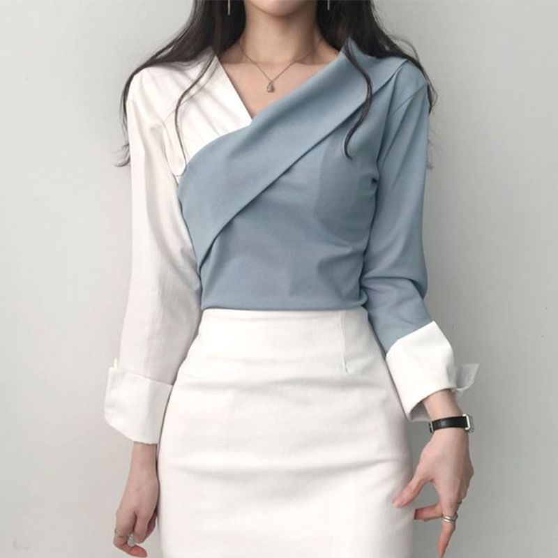 Long-Sleeve V-Neck Two Tone Blouse