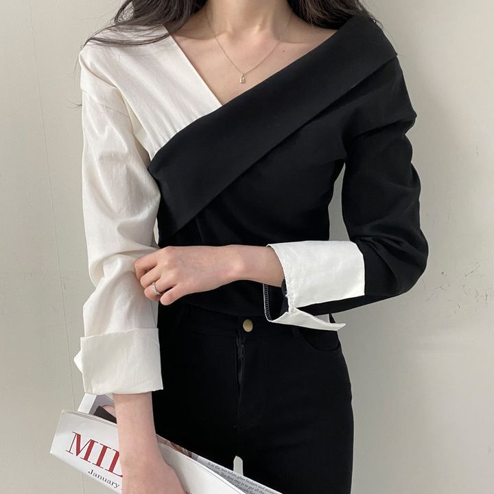 Long-Sleeve V-Neck Two Tone Blouse