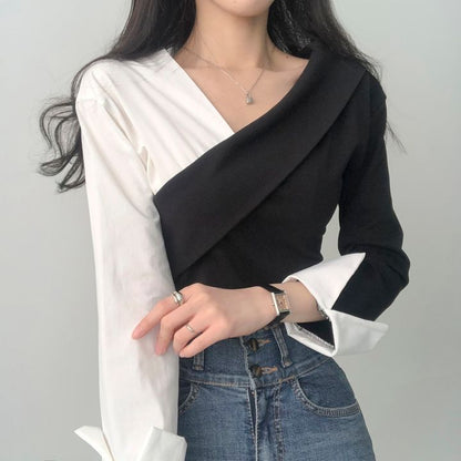 Long-Sleeve V-Neck Two Tone Blouse