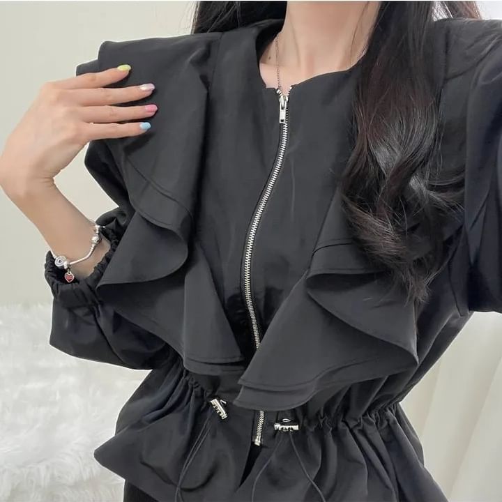 Puff-Sleeve Crewneck Ruffle Crop Blouse