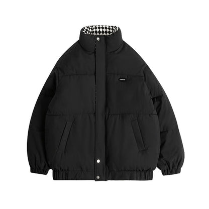 Stand Collar Checkerboard Panel Padded Zip Jacket