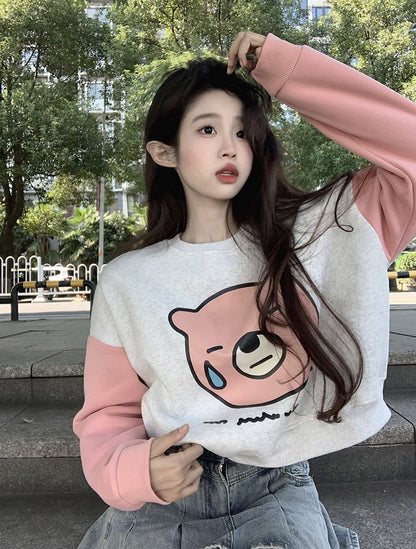 Long-Sleeve Crew Neck Bear Print Paneled Sweatshirt