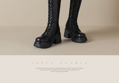 Platform Lace Up Panel Faux Suede Knee High Boots