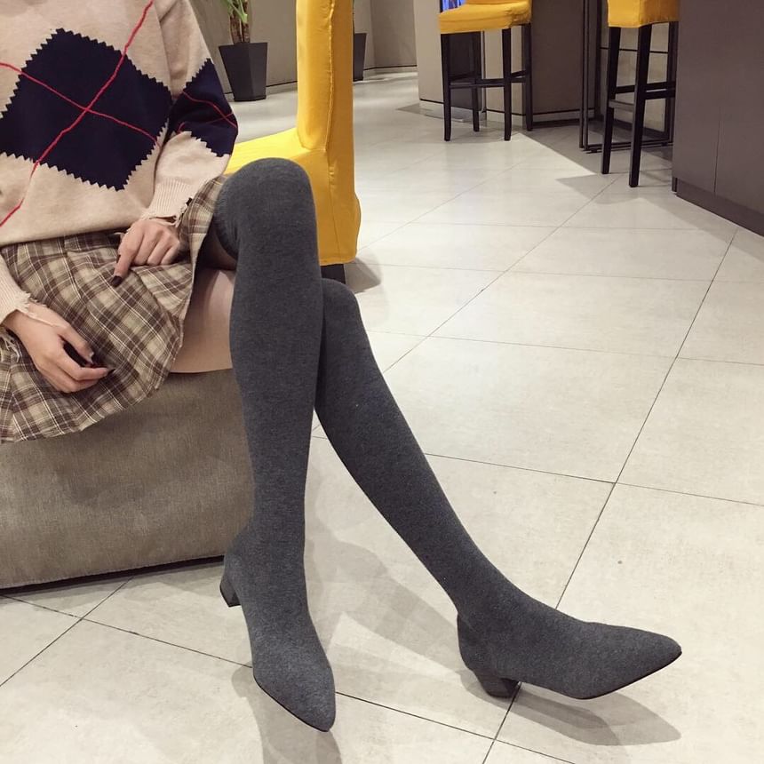 Pointy Toe Chunky Heel Over-the-Knee Sock Boots