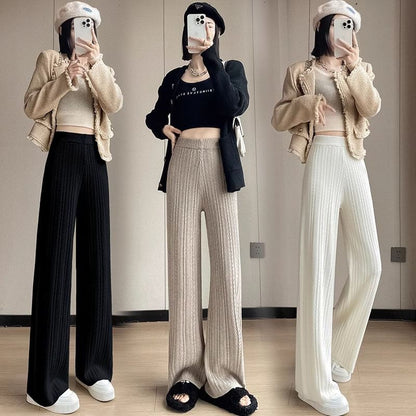 High Rise Plain Knit Wide Leg Pants