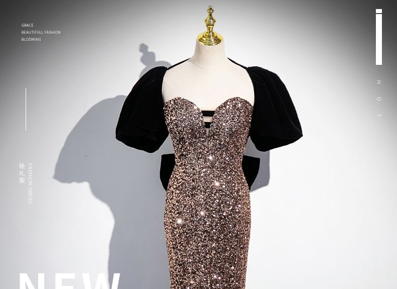 Short-Sleeve Sweetheart Neckline Sequin Trained Sheath Evening Gown