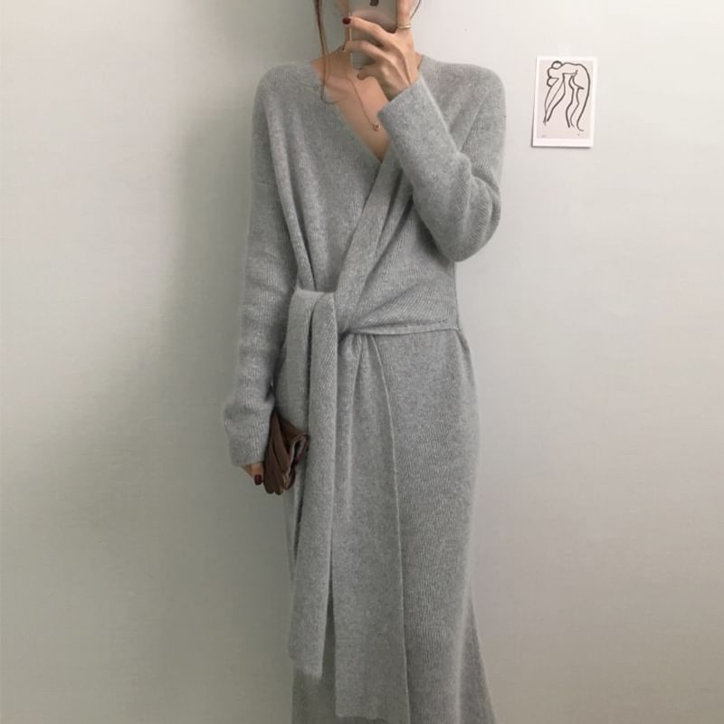 Long-Sleeve V-Neck Plain Tie Front Knit Midi A-Line Wrap Dress