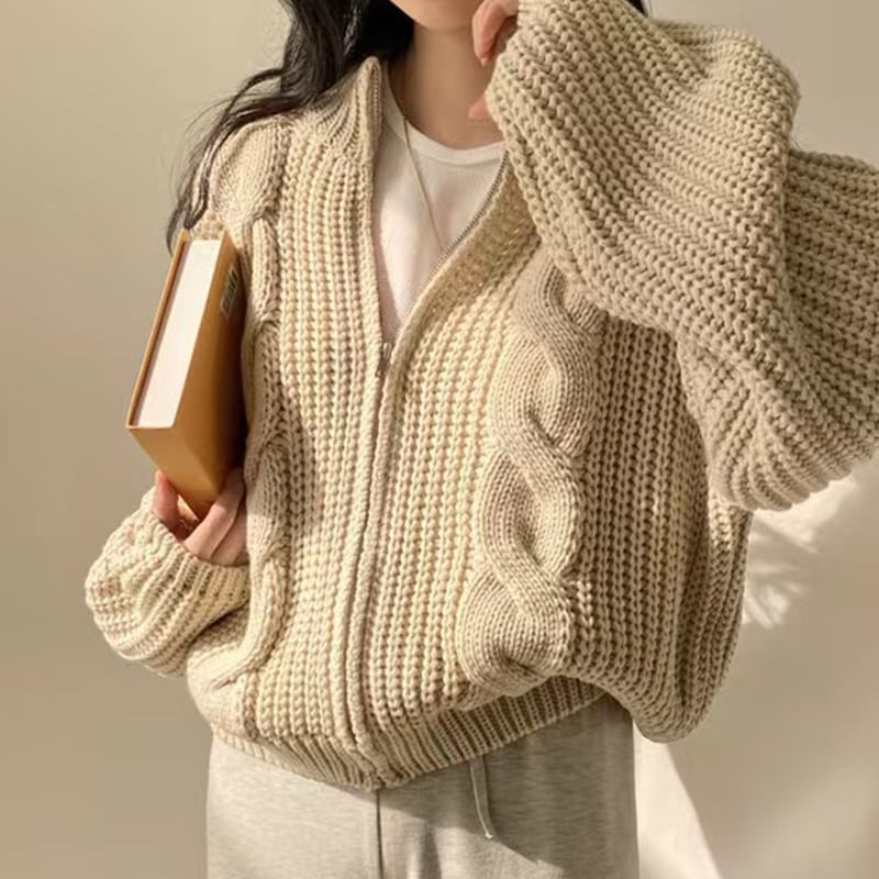 Round Neck Plain Cable Knit Zip Cardigan