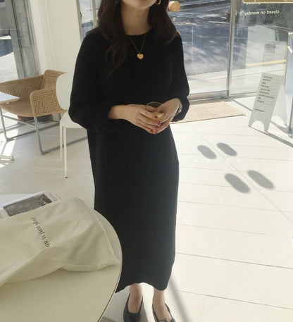 Long-Sleeve Crew Neck Plain Midi Shift Sweater Dress