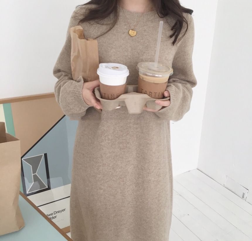 Long-Sleeve Crew Neck Plain Midi Shift Sweater Dress