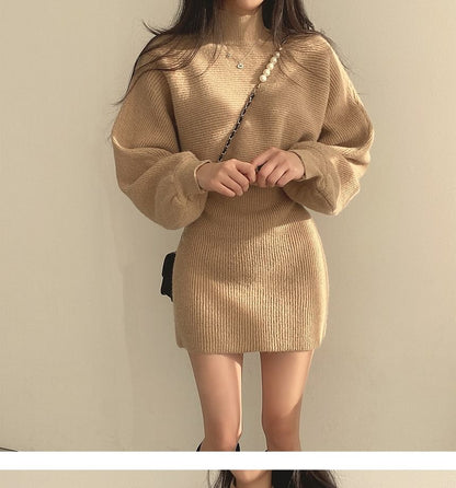 Set: Balloon Sleeve Mock Neck Plain Ribbed Sweater + Sleeveless Crew Neck Knit Mini A-Line Dress