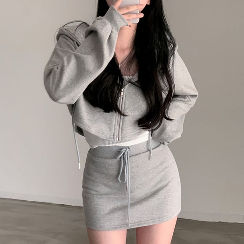 Set: Plain Zip Hoodie + Drawstring Waist Mini Pencil Skirt