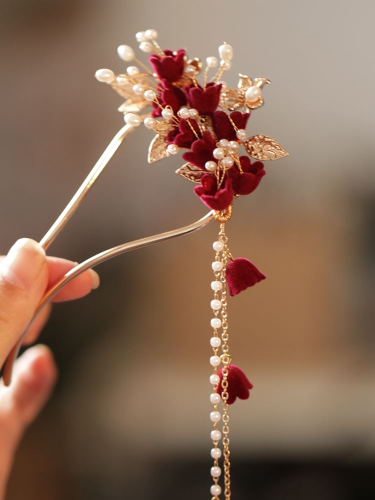 Flocking Flower Faux Pearl Alloy Hair Stick / Asymmetrical Dangle Earring