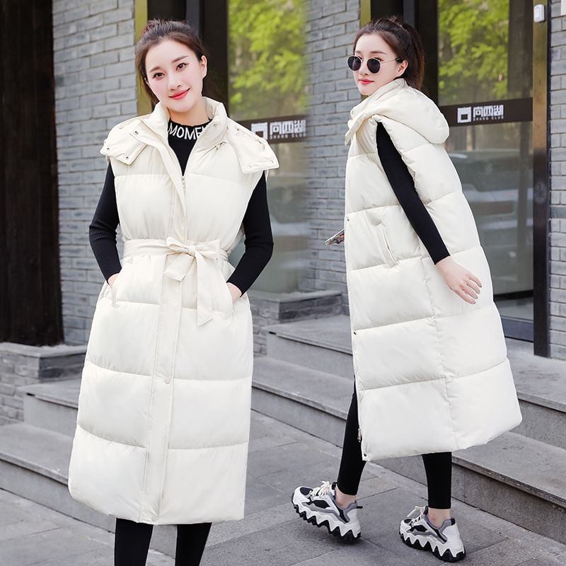 Hooded Plain Long Puffer Vest