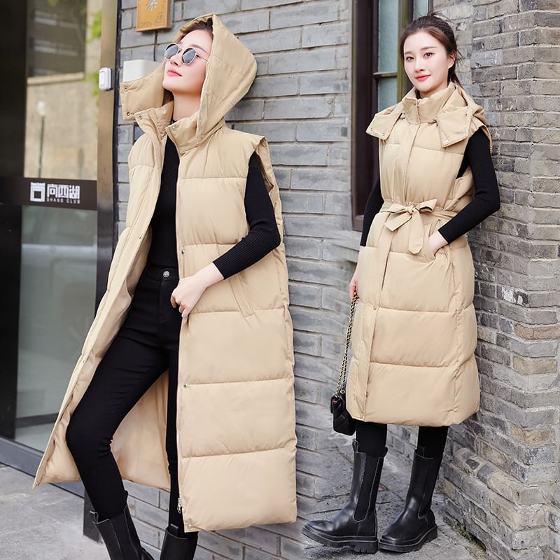 Hooded Plain Long Puffer Vest