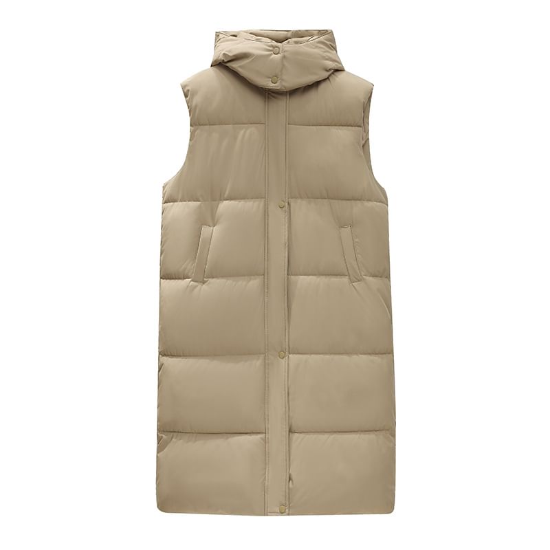 Hooded Plain Long Puffer Vest