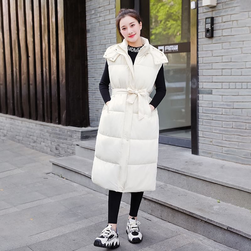 Hooded Plain Long Puffer Vest