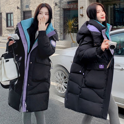 Hooded Color Block Long Puffer Coat