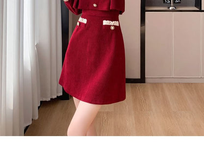 Mock Two-Piece Long-Sleeve V-Neck Lace Trim Corduroy Mini A-Line Dress