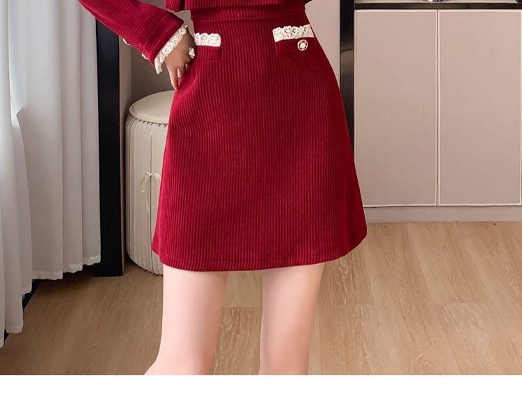 Mock Two-Piece Long-Sleeve V-Neck Lace Trim Corduroy Mini A-Line Dress