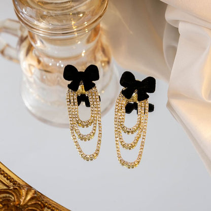 Flocking Bow Rhinestone Chain Alloy Dangle Earring