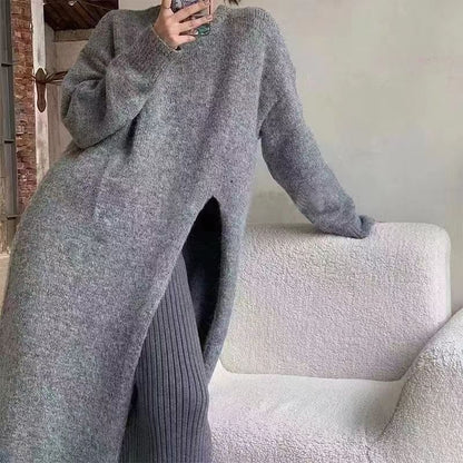 Long-Sleeve Crew Neck Plain Slit Midi Sweater Dress