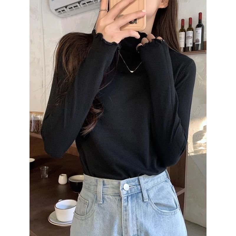 Long-Sleeve High Neck Plain Lettuce Edge Knit Top