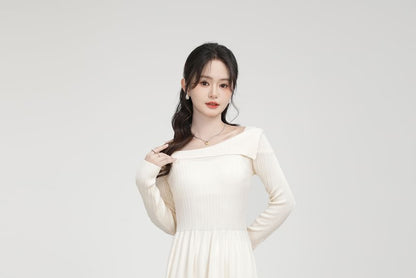 Long-Sleeve Off Shoulder Plain Maxi A-Line Dress