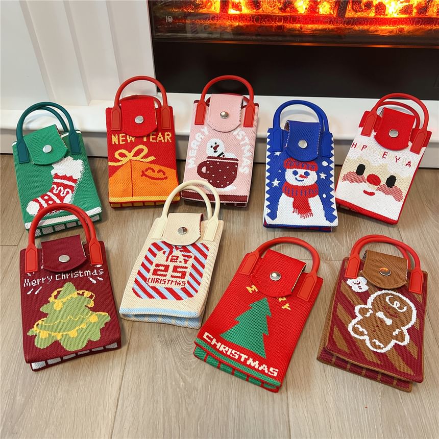 Christmas Print Knit Mobile Phone Crossbody Bag