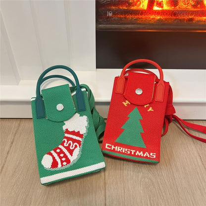 Christmas Print Knit Mobile Phone Crossbody Bag