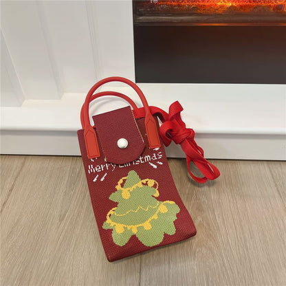 Christmas Print Knit Mobile Phone Crossbody Bag