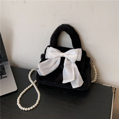 Faux Pearl Strap Fluffy Bow Flap Crossbody Bag