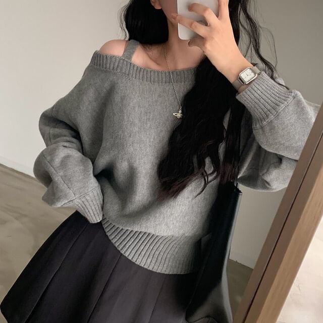 Asymmetrical Neck Cold-Shoulder Sweater