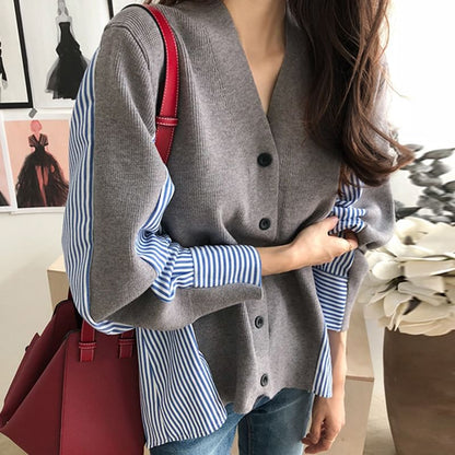 V-Neck Striped Panel Cardigan