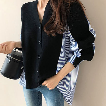 V-Neck Striped Panel Cardigan