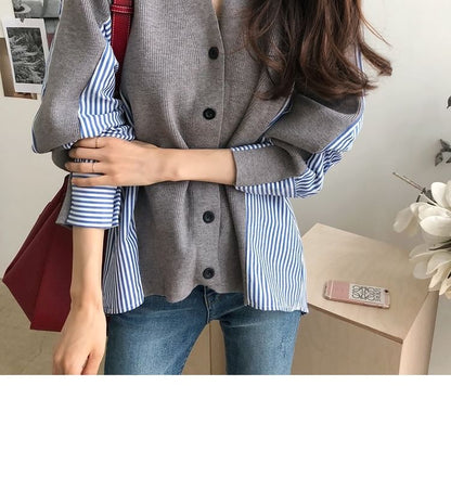 V-Neck Striped Panel Cardigan