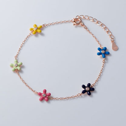 925 Sterling Silver Enamel Rhinestone Flower Bracelet