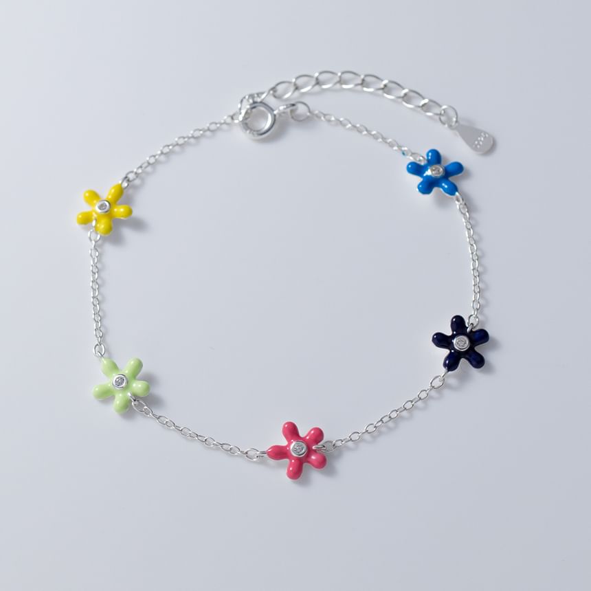 925 Sterling Silver Enamel Rhinestone Flower Bracelet