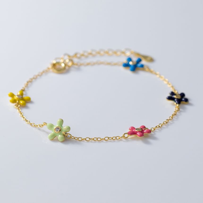 925 Sterling Silver Enamel Rhinestone Flower Bracelet