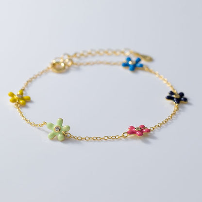 925 Sterling Silver Enamel Rhinestone Flower Bracelet