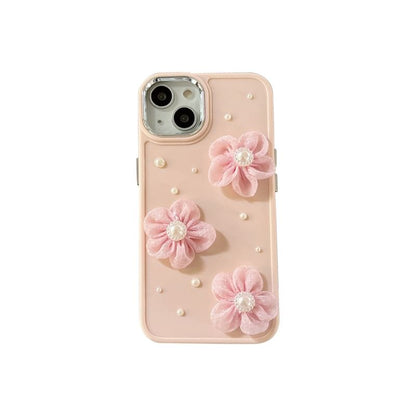 Floral Lace Faux Pearl Phone Case - iPhone 15 Pro Max / 15 Pro / 15 Plus / 15 / 14 Pro Max / 14 Pro / 14 Plus / 14 / 13 Pro Max / 13 Pro / 13 / 13 mini / 12 Pro Max / 12 Pro / 12 / 12 mini / 11 Pro Max / 11 Pro / 11 / SE / XS Max / XS / XR / X