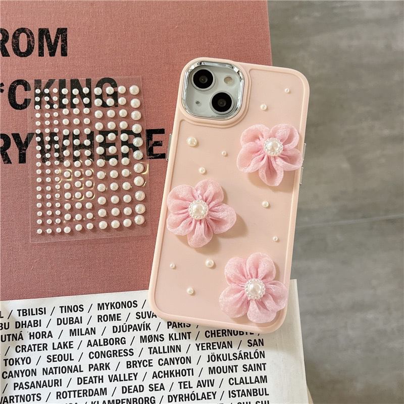 Floral Lace Faux Pearl Phone Case - iPhone 15 Pro Max / 15 Pro / 15 Plus / 15 / 14 Pro Max / 14 Pro / 14 Plus / 14 / 13 Pro Max / 13 Pro / 13 / 13 mini / 12 Pro Max / 12 Pro / 12 / 12 mini / 11 Pro Max / 11 Pro / 11 / SE / XS Max / XS / XR / X