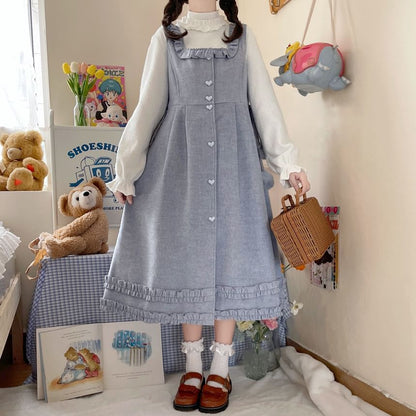 Long-Sleeve Mock Neck Plain Ruffle Top / Square Neck Plain Ruffle Heart Button Midi A-Line Overall Dress