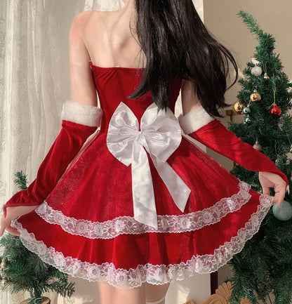 Pom Pom Ruffle Velvet Mini A-Line Tube Dress / Arm Sleeves / Tie Front Capelet / Christmas Party Costume Set