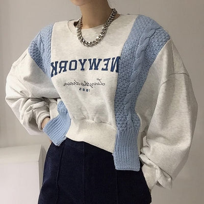 Crew Neck Lettering Asymmetrical Knit Panel Sweatshirt