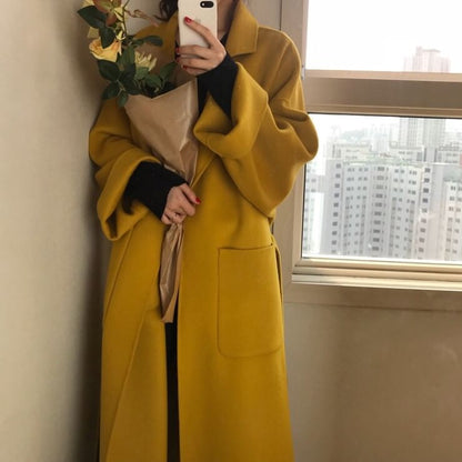 Notch Lapel Plain Midi Sashed Coat