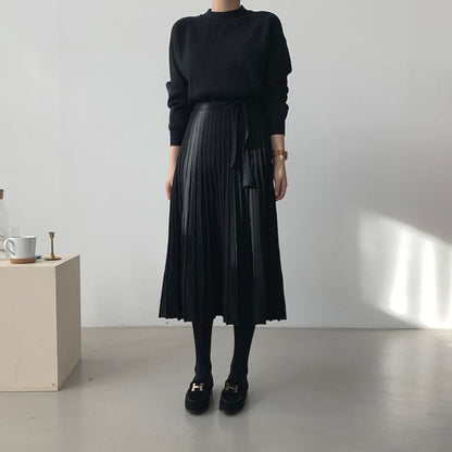 Long-Sleeve Mock Neck Plain Accordion Pleated Midi A-Line Knit Dress